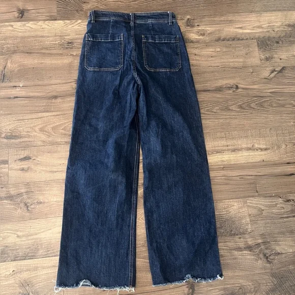 OAT New York Dark Wash Wide Leg Jeans Raw Hem High Rise Flat Front Sz 8/29 - Picture 7 of 7